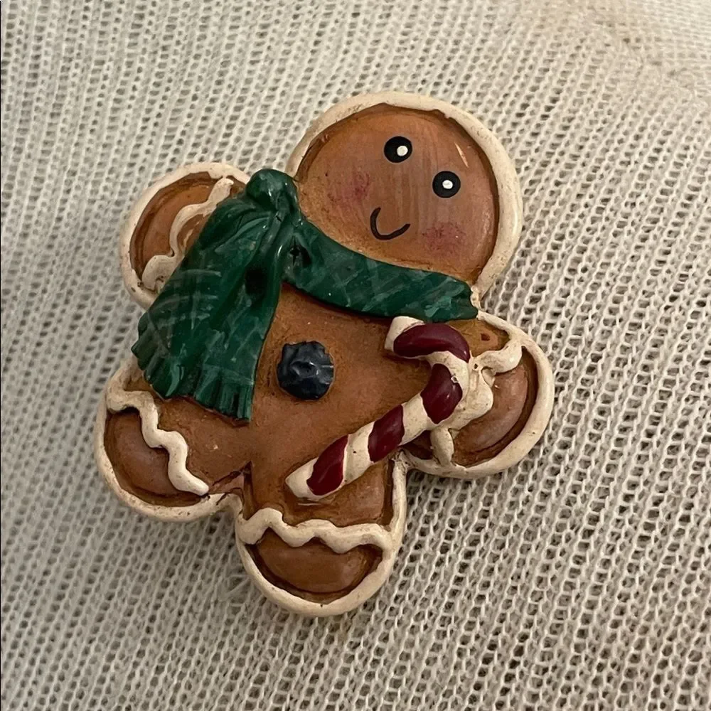 Vintage Festive Gingerbread Man Pin with Green Scarf & Candy Cane Christmas Pin